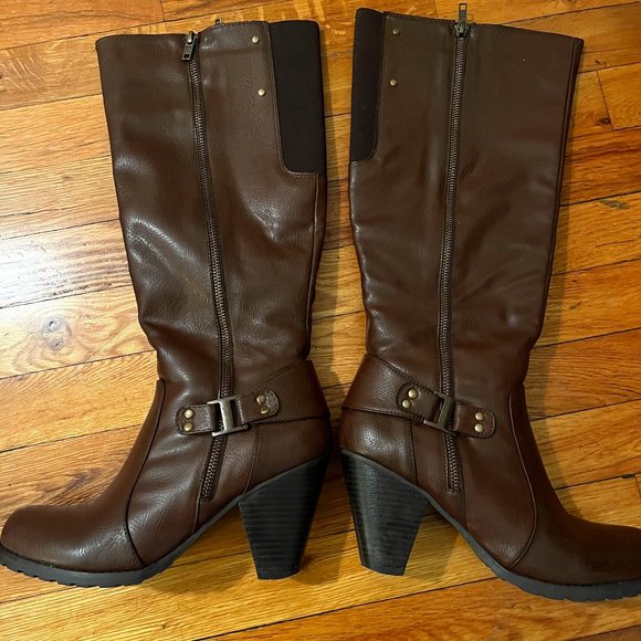 Call It Spring Shoes - Tall Brown Boots w/Chunky Heel (size 8)